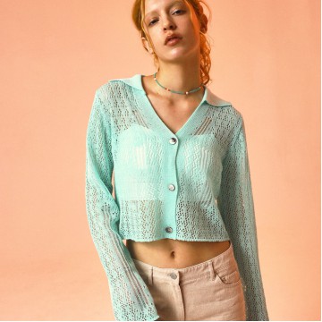 韓國PRENDA - PUNCHING NET KNIT CARDIGAN MINT